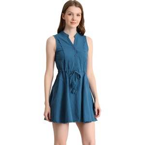 image:imageAllegra K Womens Sleeveless Dress Cotton Lace Trim Drawstring Waist Swing Aline DressesLake Blue