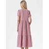 image:imageAllegra K Gingham Dress for Women Casual Short Sleeve V Neck Tie Front Swing Flowy Tiered Midi DressesDark Red