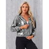 image:imageAllegra K Womens Holographic Party Shimmering Shiny Lightweight Zipper Hooded Metallic JacketDark Silver