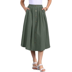 image:imageAllegra K Cotton Midi Skirt for Womens Summer Casual Button Decor Elastic Waist ALine Skirts with PocketArmy Green
