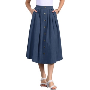 image:imageAllegra K Cotton Midi Skirt for Womens Summer Casual Button Decor Elastic Waist ALine Skirts with PocketDark Blue