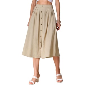 image:imageAllegra K Cotton Midi Skirt for Womens Summer Casual Button Decor Elastic Waist ALine Skirts with PocketKhaki