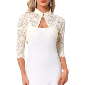 image:imageAllegra K Elegant Lace Bolero Shrug for Women 34 Sleeve Stand Collar Sheer Floral Lace Cardigan TopApricot