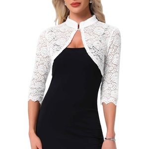 image:imageAllegra K Elegant Lace Bolero Shrug for Women 34 Sleeve Stand Collar Sheer Floral Lace Cardigan TopWhite