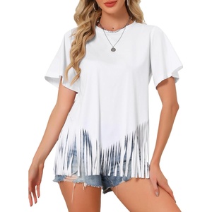 image:imageAllegra K Fringe Tops for Womens Short Sleeve Crew Neck Solid Casual Tassel t ShirtsWhite