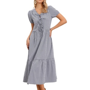 image:imageAllegra K Gingham Dress for Women Casual Short Sleeve V Neck Tie Front Swing Flowy Tiered Midi DressesBlack Blue