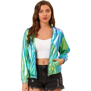 image:imageAllegra K Womens Holographic Party Shimmering Shiny Lightweight Zipper Hooded Metallic JacketBlue Green