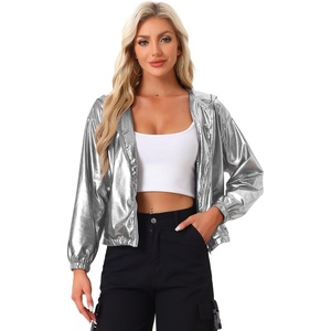 image:imageAllegra K Womens Holographic Party Shimmering Shiny Lightweight Zipper Hooded Metallic JacketDark Silver