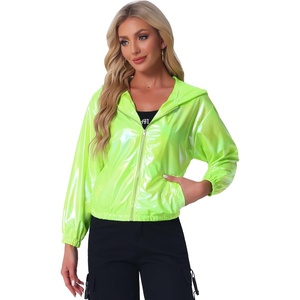 image:imageAllegra K Womens Holographic Party Shimmering Shiny Lightweight Zipper Hooded Metallic JacketFluorescent Green