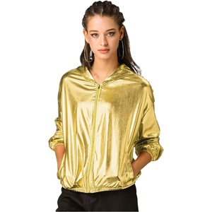 image:imageAllegra K Womens Holographic Party Shimmering Shiny Lightweight Zipper Hooded Metallic JacketGold