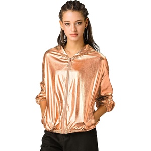 image:imageAllegra K Womens Holographic Party Shimmering Shiny Lightweight Zipper Hooded Metallic JacketGolden Brown