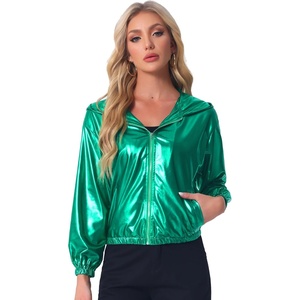 image:imageAllegra K Womens Holographic Party Shimmering Shiny Lightweight Zipper Hooded Metallic JacketGreen