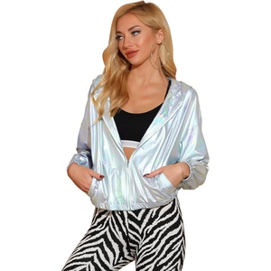 image:imageAllegra K Womens Holographic Party Shimmering Shiny Lightweight Zipper Hooded Metallic JacketHolographic