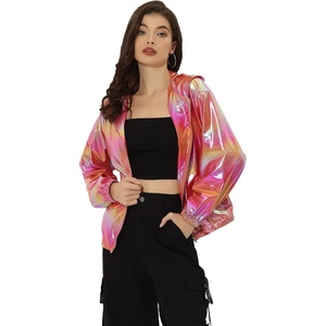 image:imageAllegra K Womens Holographic Party Shimmering Shiny Lightweight Zipper Hooded Metallic JacketLight Pink
