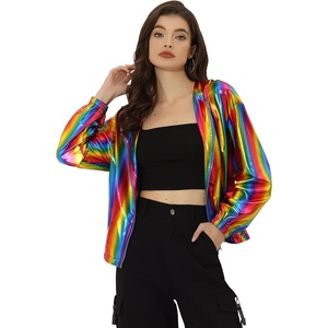 image:imageAllegra K Womens Holographic Party Shimmering Shiny Lightweight Zipper Hooded Metallic JacketMulticolor