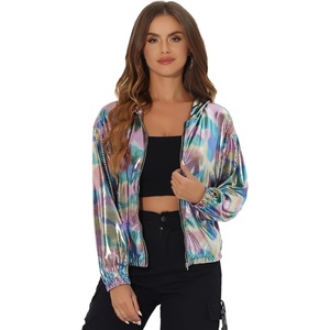 image:imageAllegra K Womens Holographic Party Shimmering Shiny Lightweight Zipper Hooded Metallic JacketMulticolorsquare