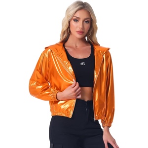 image:imageAllegra K Womens Holographic Party Shimmering Shiny Lightweight Zipper Hooded Metallic JacketOrange