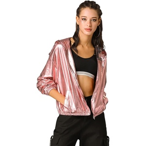 image:imageAllegra K Womens Holographic Party Shimmering Shiny Lightweight Zipper Hooded Metallic JacketPink