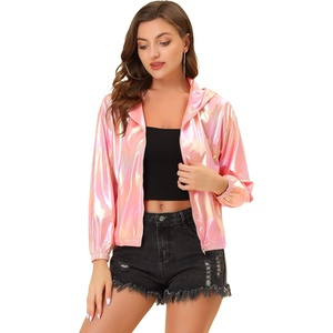 image:imageAllegra K Womens Holographic Party Shimmering Shiny Lightweight Zipper Hooded Metallic JacketPink Holographic