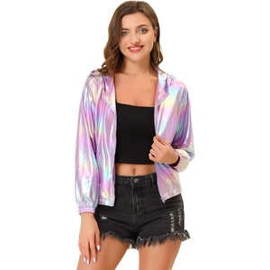image:imageAllegra K Womens Holographic Party Shimmering Shiny Lightweight Zipper Hooded Metallic JacketPurple Holographic
