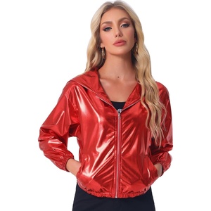 image:imageAllegra K Womens Holographic Party Shimmering Shiny Lightweight Zipper Hooded Metallic JacketRed