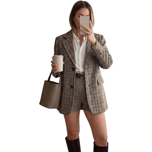 image:imageAllegra K Womens Plaid Blazer Notched Lapel Single Breasted Button Long Sleeves Work Vintage Business Suit JacketCoffee