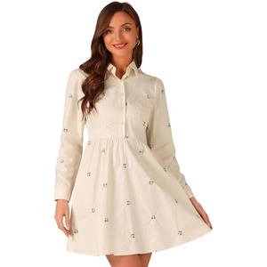 image:imageAllegra K Womens Shirt Dress Long Sleeve Collared Floral Embroidered Casual Mini DressesBeige