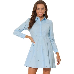 image:imageAllegra K Womens Shirt Dress Long Sleeve Collared Floral Embroidered Casual Mini DressesBlue