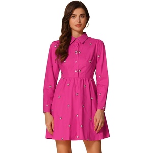 image:imageAllegra K Womens Shirt Dress Long Sleeve Collared Floral Embroidered Casual Mini DressesHot Pink