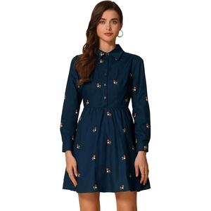 image:imageAllegra K Womens Shirt Dress Long Sleeve Collared Floral Embroidered Casual Mini DressesNavy Blue