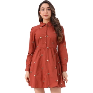 image:imageAllegra K Womens Shirt Dress Long Sleeve Collared Floral Embroidered Casual Mini DressesOrange