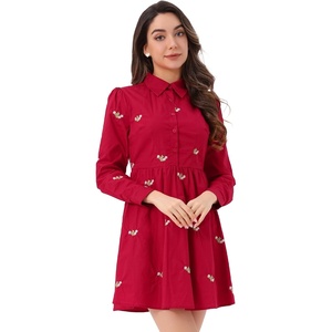 image:imageAllegra K Womens Shirt Dress Long Sleeve Collared Floral Embroidered Casual Mini DressesRed