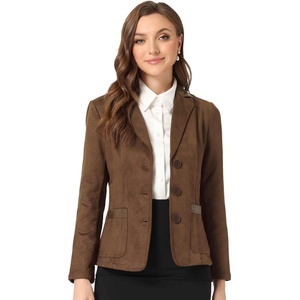 image:imageAllegra K Faux Suede Blazer for Women Lapel Collar Button Front Long Sleeve Jacket Casual Office WearBrown