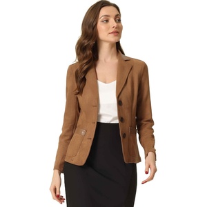 image:imageAllegra K Faux Suede Blazer for Women Lapel Collar Button Front Long Sleeve Jacket Casual Office WearLight Brown