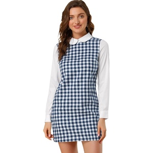 image:imageAllegra K Womens Peter Pan Dress 60s Color Block Mini Long Sleeve DressesBlue White