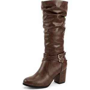 image:imageAllegra K Womens Slouch Buckles Biker Boots Chunky Heels Knee High BootBrown