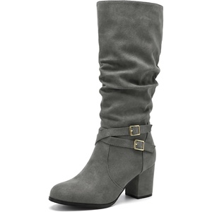 image:imageAllegra K Womens Slouch Buckles Biker Boots Chunky Heels Knee High BootGrey