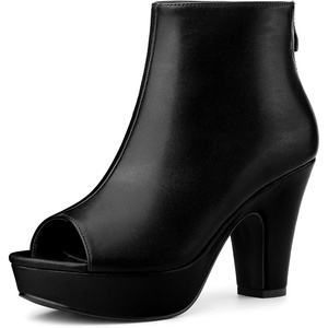 image:imageAllegra K Peep Toe Ankle Boots for Women Back Zip Chunky Heel Platform Boot  3 89 inches Heel Booties with Back Zipper Womens OpenToe Bootie Comfort Fall Winter Dress Casual BootsBlack