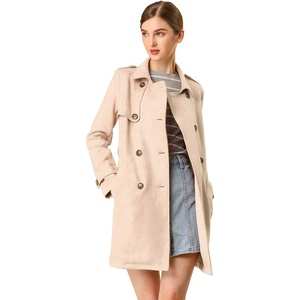 image:imageAllegra K Womens Faux Suede Trench Coat Double Breasted Jacket with Belt  Point Collar Warm Overcoat Fall Winter Long Sleeve Warm Outerwear Work Office Mid Length CoatsApricot