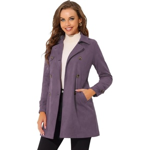 image:imageAllegra K Womens Faux Suede Trench Coat Double Breasted Jacket with Belt  Point Collar Warm Overcoat Fall Winter Long Sleeve Warm Outerwear Work Office Mid Length CoatsGrey Purple