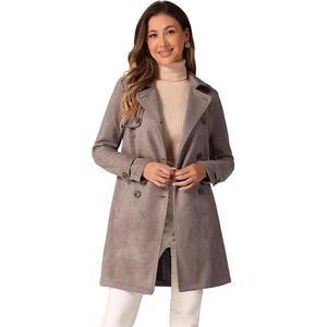image:imageAllegra K Womens Faux Suede Trench Coat Double Breasted Jacket with Belt  Point Collar Warm Overcoat Fall Winter Long Sleeve Warm Outerwear Work Office Mid Length CoatsDark Beige