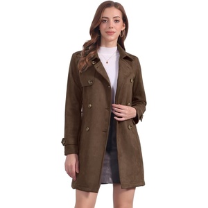 image:imageAllegra K Womens Faux Suede Trench Coat Double Breasted Jacket with Belt  Point Collar Warm Overcoat Fall Winter Long Sleeve Warm Outerwear Work Office Mid Length CoatsCoffee