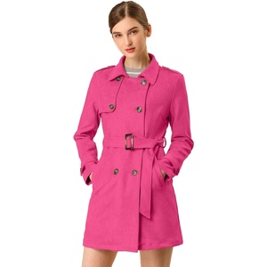 image:imageAllegra K Womens Faux Suede Trench Coat Double Breasted Jacket with Belt  Point Collar Warm Overcoat Fall Winter Long Sleeve Warm Outerwear Work Office Mid Length CoatsHot Pink