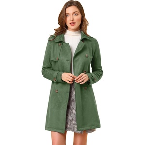 image:imageAllegra K Womens Faux Suede Trench Coat Double Breasted Jacket with Belt  Point Collar Warm Overcoat Fall Winter Long Sleeve Warm Outerwear Work Office Mid Length CoatsGreen