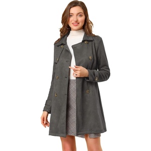 image:imageAllegra K Womens Faux Suede Trench Coat Double Breasted Jacket with Belt  Point Collar Warm Overcoat Fall Winter Long Sleeve Warm Outerwear Work Office Mid Length CoatsDark Gray