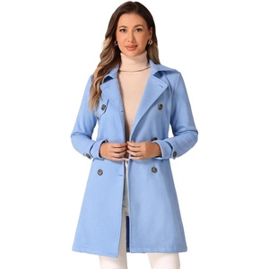 image:imageAllegra K Womens Faux Suede Trench Coat Double Breasted Jacket with Belt  Point Collar Warm Overcoat Fall Winter Long Sleeve Warm Outerwear Work Office Mid Length CoatsSky Blue