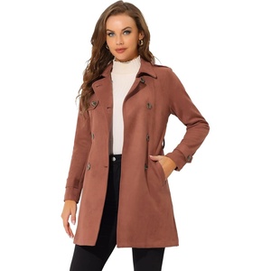 image:imageAllegra K Womens Faux Suede Trench Coat Double Breasted Jacket with Belt  Point Collar Warm Overcoat Fall Winter Long Sleeve Warm Outerwear Work Office Mid Length CoatsCaramel