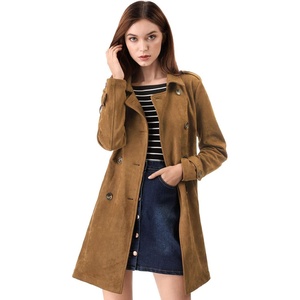 image:imageAllegra K Womens Faux Suede Trench Coat Double Breasted Jacket with Belt  Point Collar Warm Overcoat Fall Winter Long Sleeve Warm Outerwear Work Office Mid Length CoatsBrown