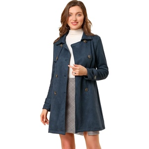 image:imageAllegra K Womens Faux Suede Trench Coat Double Breasted Jacket with Belt  Point Collar Warm Overcoat Fall Winter Long Sleeve Warm Outerwear Work Office Mid Length CoatsDark Blue