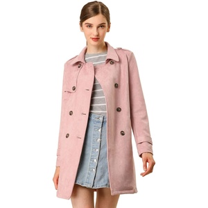 image:imageAllegra K Womens Faux Suede Trench Coat Double Breasted Jacket with Belt  Point Collar Warm Overcoat Fall Winter Long Sleeve Warm Outerwear Work Office Mid Length CoatsPink